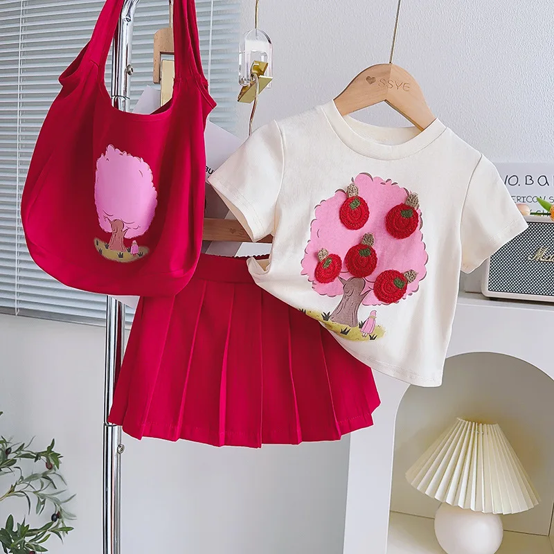 Free Bag Baby Girls Short-sleeved Apple Tree T-shirt Skirt Summer Cartoon Print Tops Shirts Pleated Skirt 3pcs Clothing Sets
