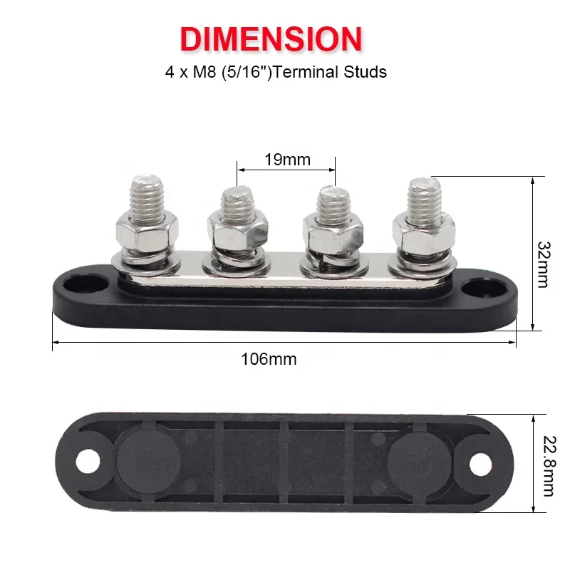 150A Terminal Bus Bar 5*M8 Studs Battery Power Distribution Block Red Black 12V Car Busbars for Automotive Marine Boat