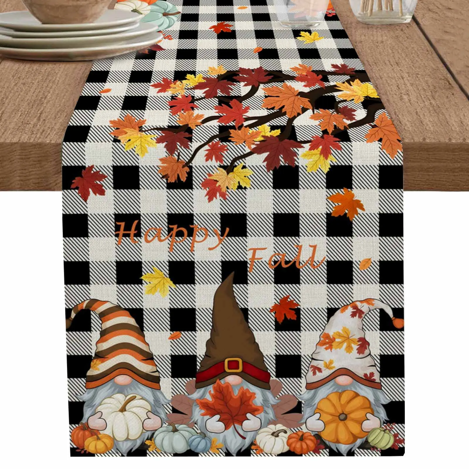 

Black Plaid Maple Leaf Gnome Table Runner Party Polyester Table Cover for Home Dining Decoration