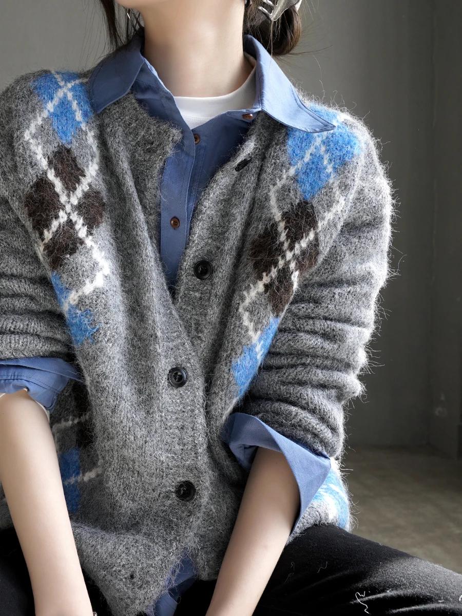 

Warmo2025 Winter Vintage Color Blo Diamond Pattern round Ne Open Cardigan Sweater Jaet Loose Pure Cotton for Women