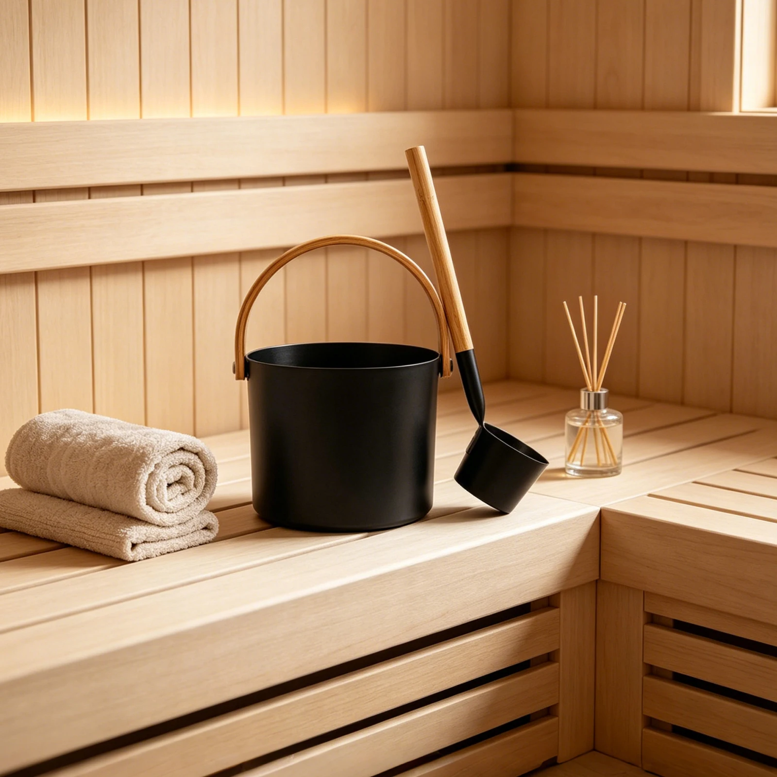 Sauna Bucket and Ladle Set 1.1 Gallon Large Aluminum Bamboo Water Bucket with Long Handle Spoon Heat Resistant for Home Sauna Spa Steam Room Black