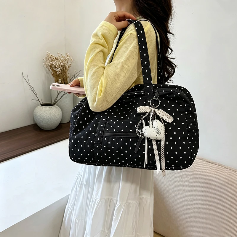 Women Polka Dot Tote Handbag Large Capacity Lightweight Duffle Bags Portable Travel Shoulder Bag Travel Date Shopping Handbags