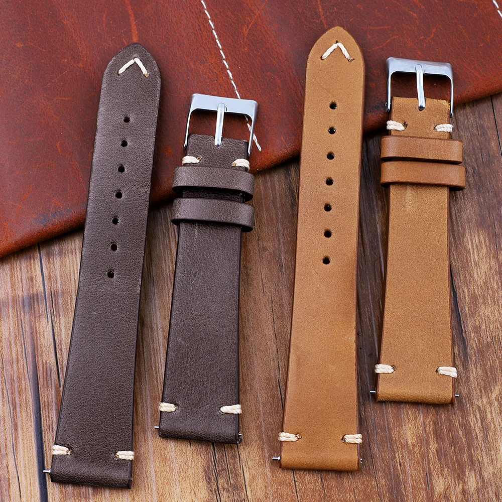 Vintage Handmade Stitched Watch Strap Brown Coffee Leather Watchband 18mm 19mm 20mm 21mm 22mm Quick Release Watch Strap