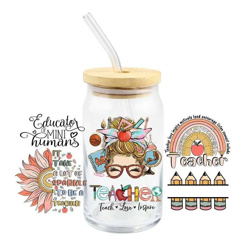 Teacher Day UV DTF Wrap Transfer Stickers Cartoon Funny Design DIY Waterproof Wrap For 16oz Glasses Cups Mug Waterproof Decal - view 6