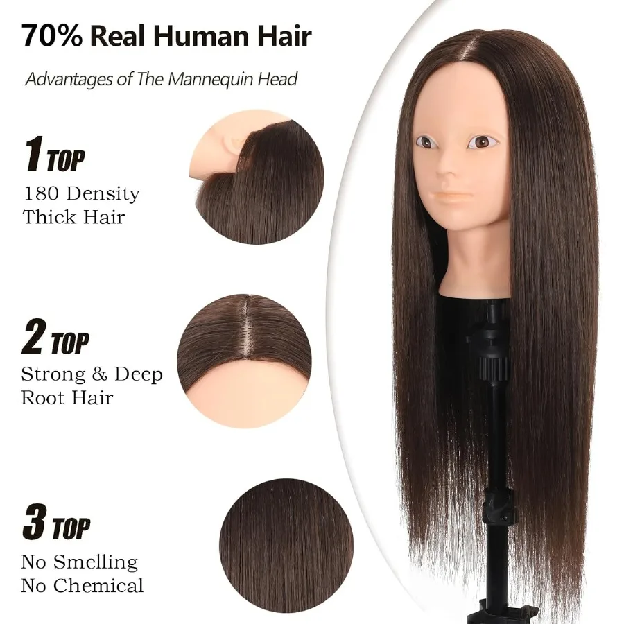 رأس عارضة أزياء 70 شعر بشري 28 رأس عارضة أزياء لممارسة التجميل مع رأس دمية مكياج للشعر لتدريب الصالون وتصفيف الشعر P