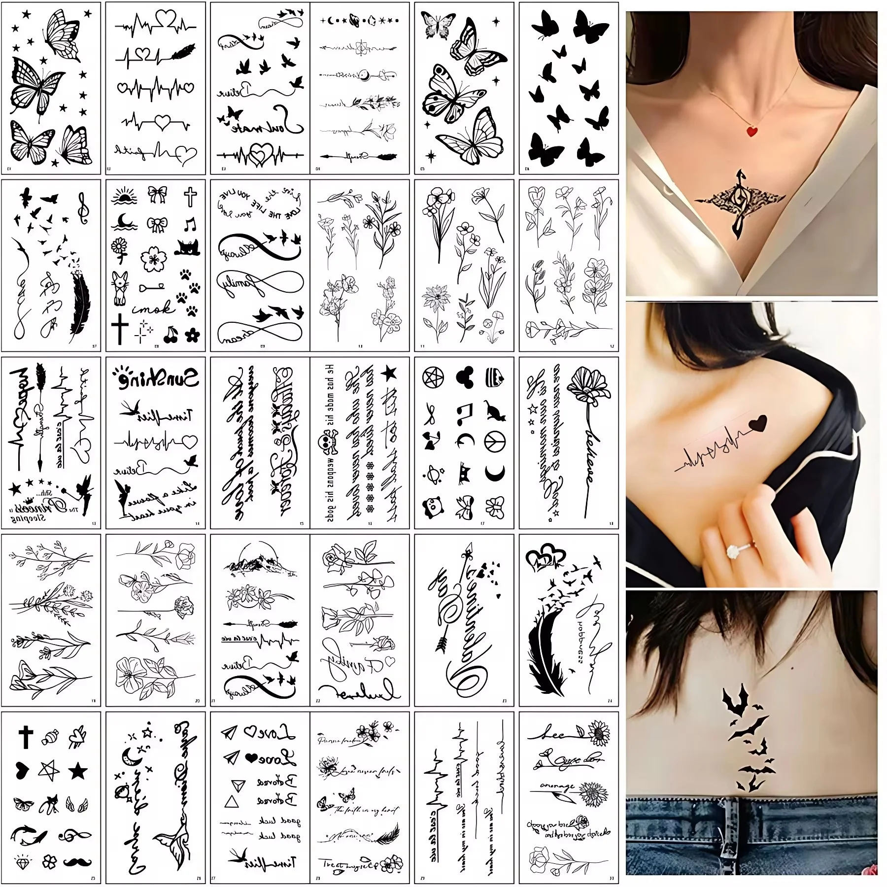 Pegatinas de tatuajes de transferencia para hombres y mujeres, 30 hojas, Mariposa Negra, cita de texto, flor, lazo pequeño, corona, espada, ancla, tatuaje impermeable