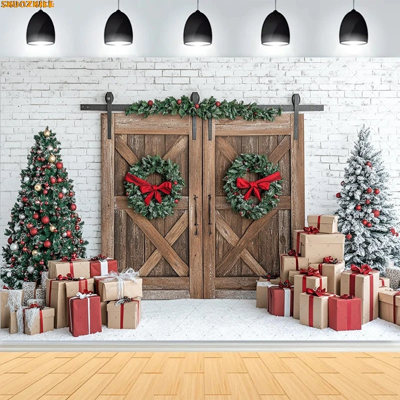 

Christmas Day Wreath Family New Year Party Photography Backdrops Prop Window Living Room Xmas Tree Gift Snow Background WD-19