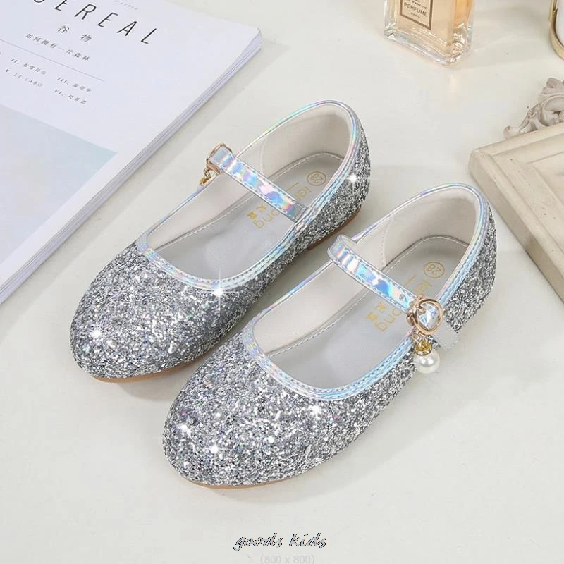 Frozen Elsa Princess Shoes Round Toe Sequin Beads Flat Gold Silvers Shining Casual Shoes Europe Size 23-38