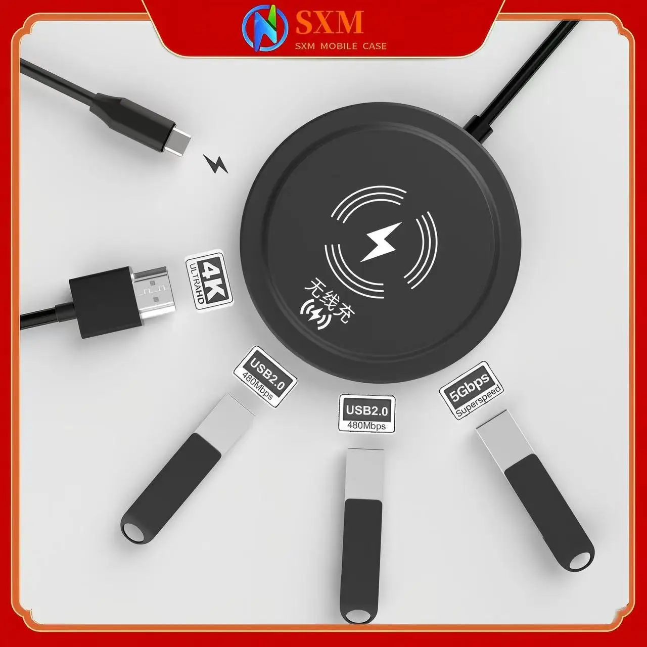 

6-in-1 Type-C Docking Station USB Hub Hub 15W Wireless Charging USB3.0 Docking Station