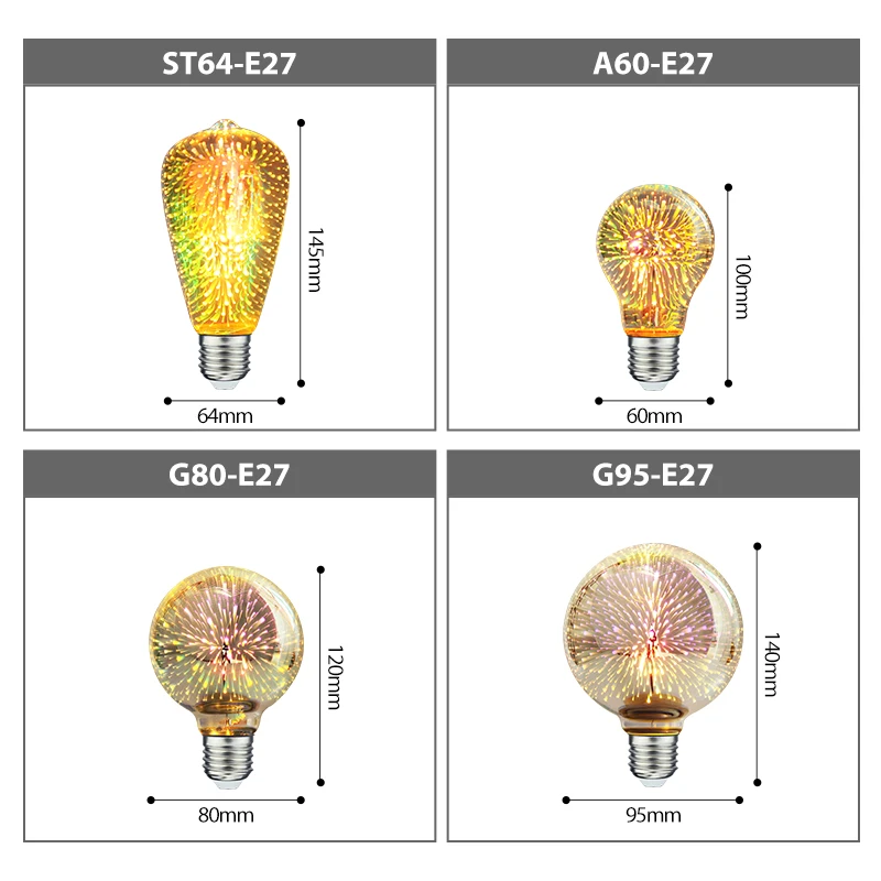 3D LED Edison Light Bulb E27 AC85-265V Colorful Vintage Fireworks Decoration Bulb ST64 G80 G95 A60 Christmas Ampoule LED Lamp