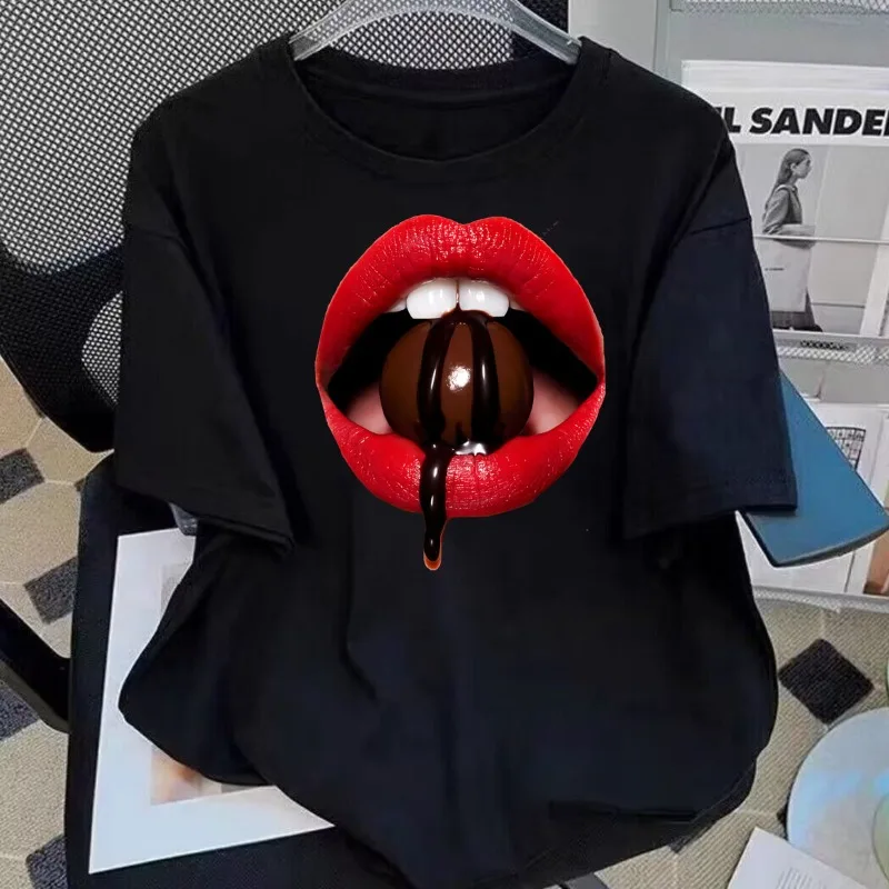 Chocolate Print Lips Top Women's Short Sleeve T-shirt Women's Harajuku Fashion Street Style Y2K Clothing Casual Top Tshirts