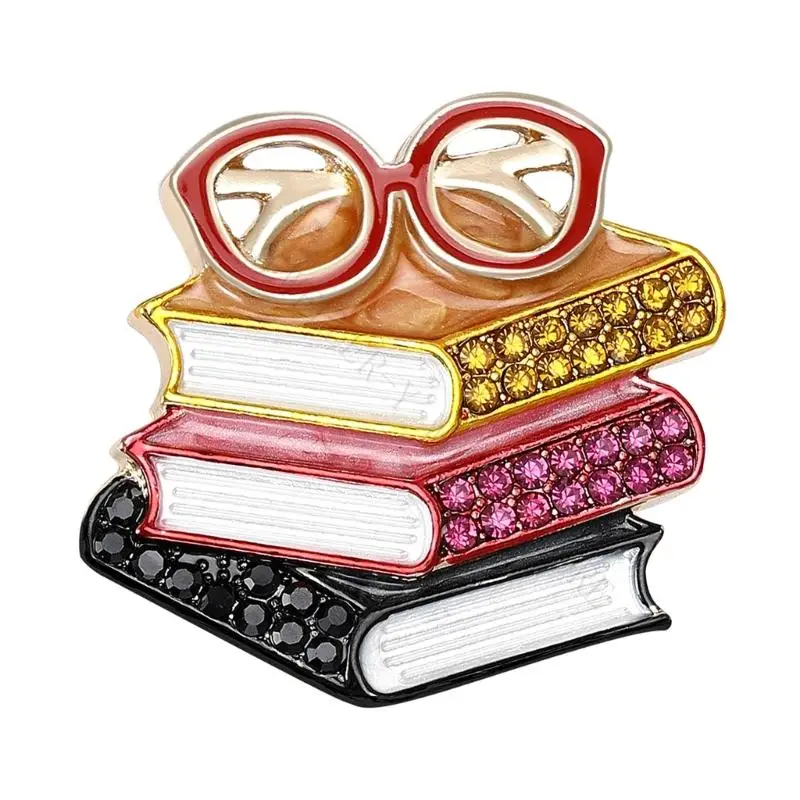 R7UF Gift Brooch Designed as Three Books and Eyeglasses for Knowledge Lovers