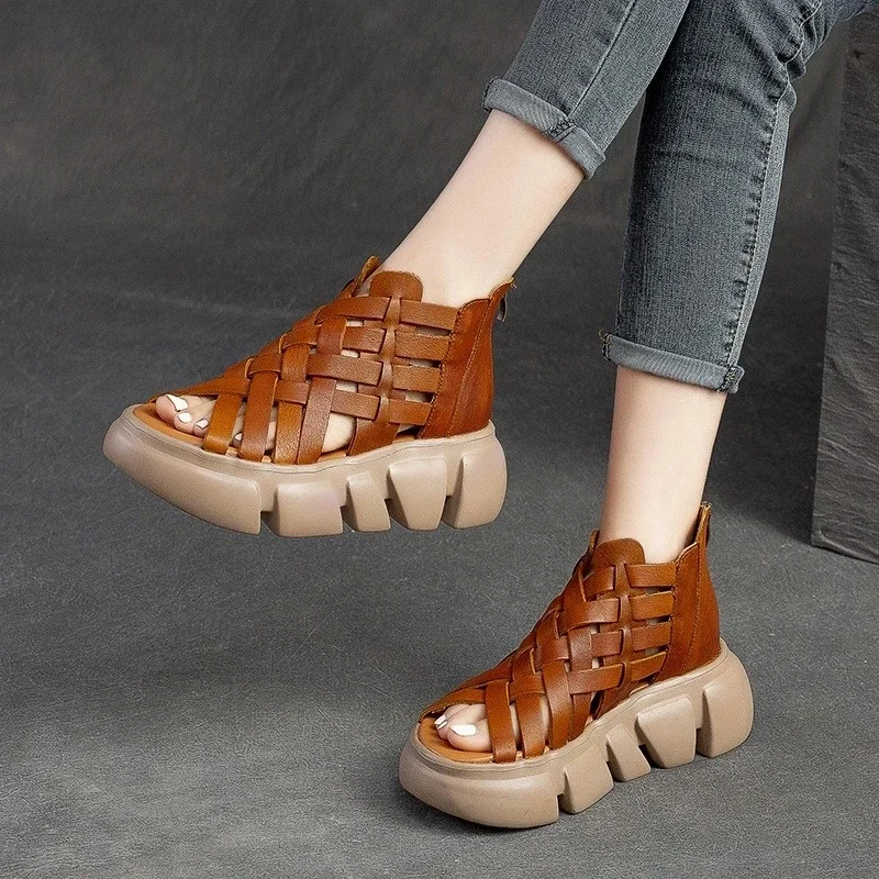 Women Gladiator Sandals Summer Cool Boots Luxury Gesign Genuine Leather Woven Wedges Platform Casual Roman Sandals