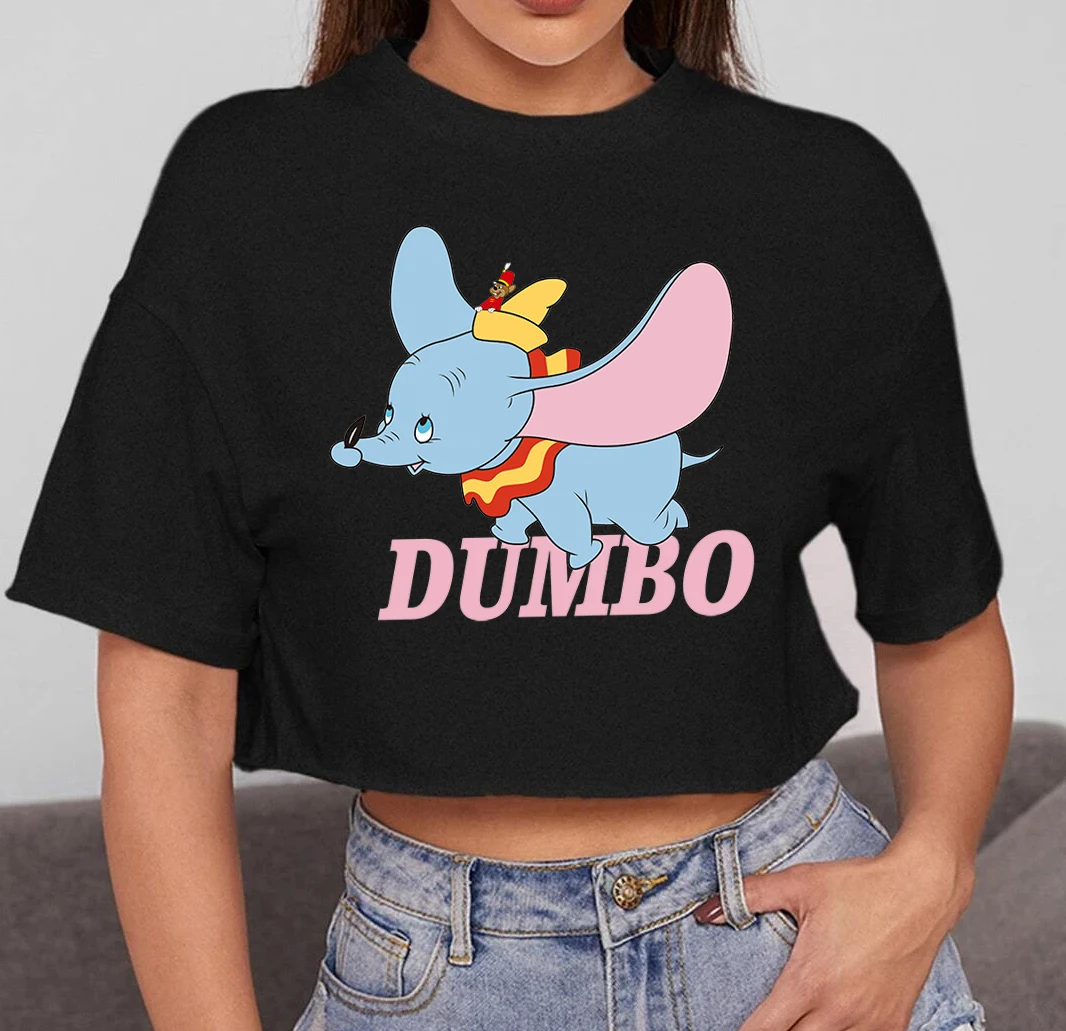 Camiseta de Dumbo y ratones voladores en el aire para mujer, cropDisney, camisetas de algodón con cuello redondo, Camiseta corta suelta dulce, Tops Strecth medianos