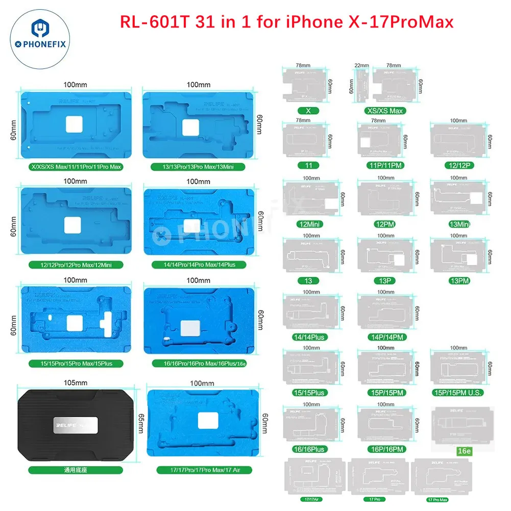 Relife RL-601T Middle Layer Tin Planting BGA Reballing Platform Stencils for iPhone X-17 Pro Max motherboard desoldering repair