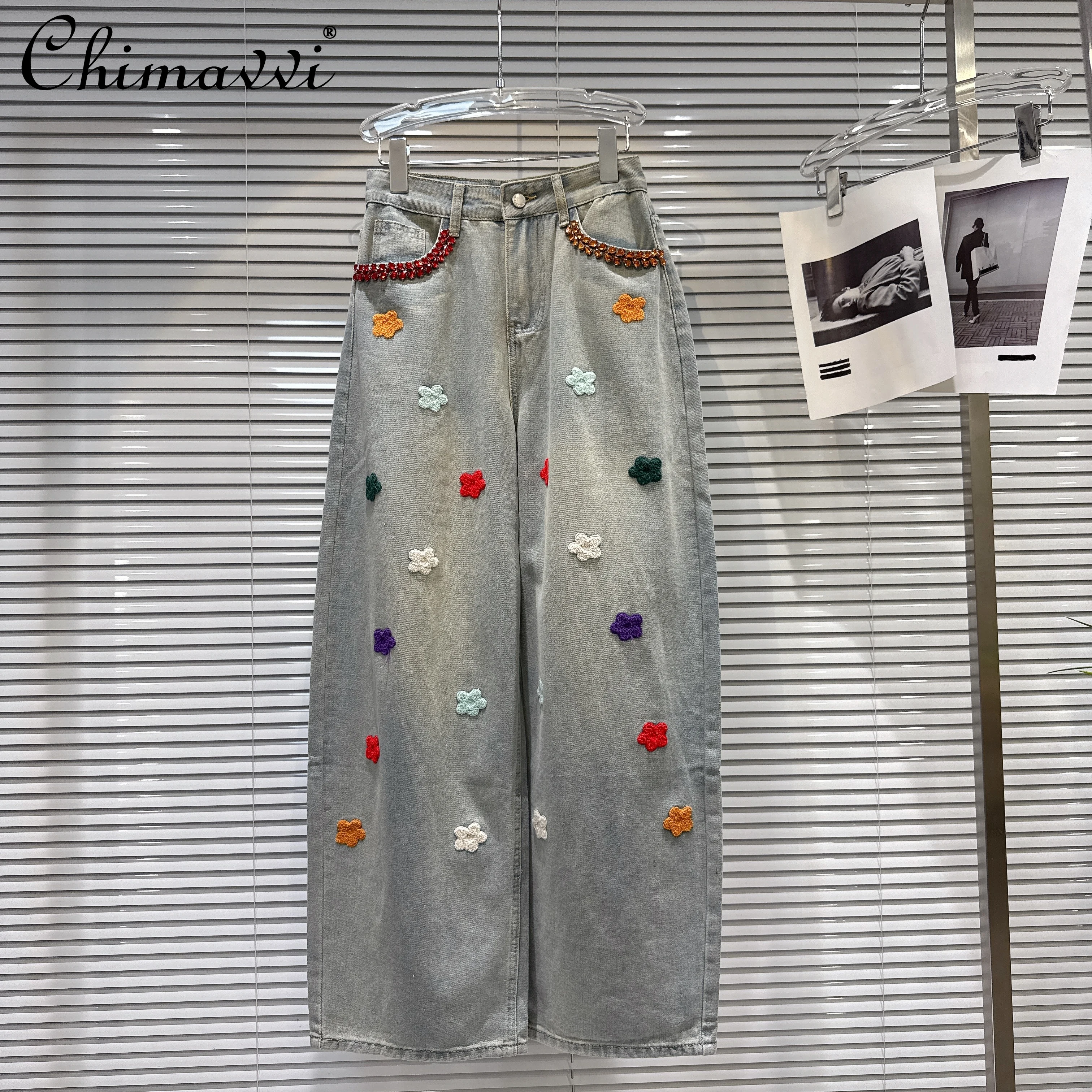 

American Style Fashion Streetwear Hot Girl Diamond Pocket Knitted Flower Embroidery High Waist Wide Leg Jeans for Women Autumn