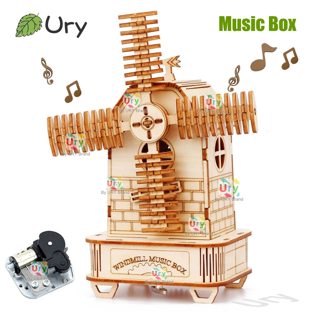 Rotatable DIY 3D Puzzles Windmill Ferris Wheel Music Octave Box Wooden Model Mechanical Kits Assembly Decor Toys Gifts
