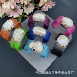 25Mm wide leather baroque pearl thickened live bracelet exported to Europe America and winter popular natural stone jewelry