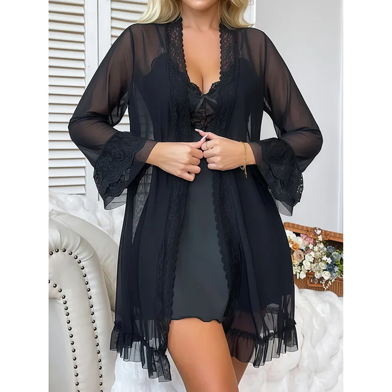 

Sexy Home Sleepwear Set Women Deep V Strap Lace Mesh Nightgown Short Exposed Transparent Mesh Nightdress Underwear Lingerie