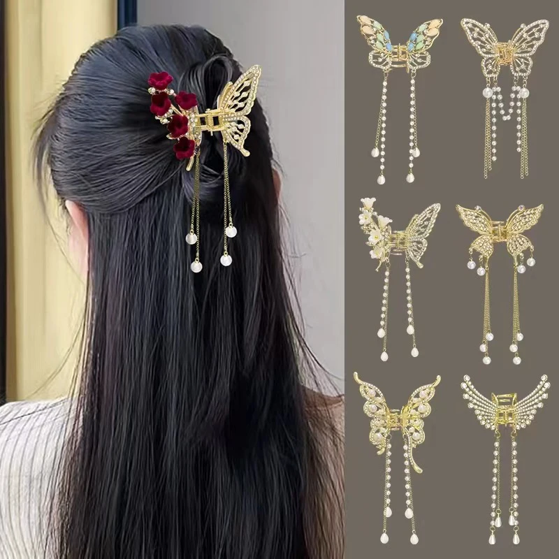 Requintado Rhinestone Borboleta Franja Garra De Cabelo para Meninas, Clipes De Rabo De Cavalo, Pérola De Cabelo, Pérola De Metal Headdress, Coreano Hairpin, Novo Presente