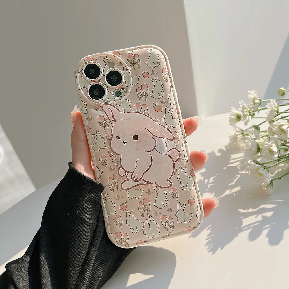 Koreanische florale niedliche Cartoon-Häschen-Halterung Handyhülle für iPhone 16 12 13 14 15 11 Pro Max XR XS X 7 8 Plus stoßfeste Abdeckung