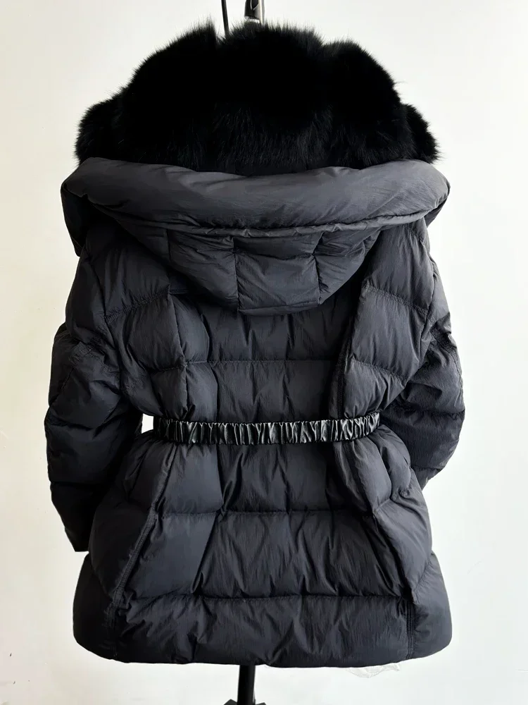 Janveny grande pelliccia di volpe naturale 90% piumino d'anatra donna 2024 inverno nuovo parka di piume femminili spesse piumino sottile con cintura