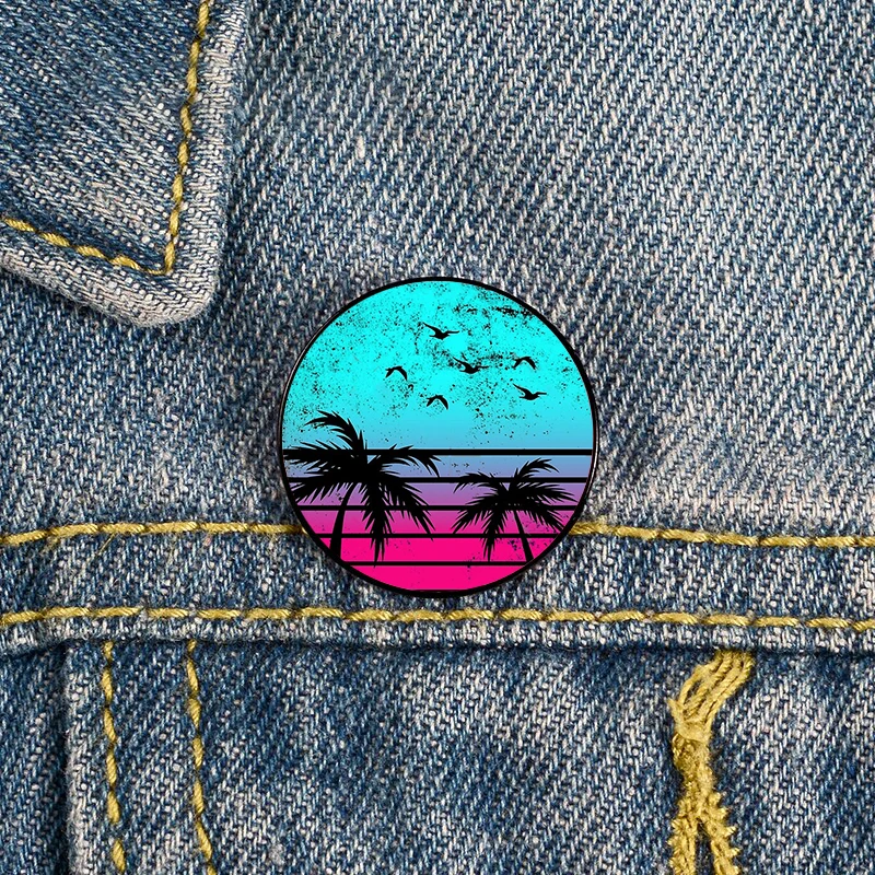 Synthwave Sun Palm Trees Printed Pin Custom Funny Brooches Shirt Lapel Bag Cute Badge Cute Jewelry Gift for Lover Girl Friends