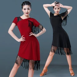 Large Size Cabaret Tassel Red Dress Latin Dance Stage Costume One Piece Samba Summer Transparent Line Dance Clothing Women Suit