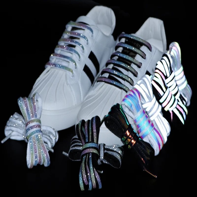 Flat Round Reflective Shoelaces Luminous Semicircle Shoelace Colorful Starry Laser Shoe Laces for Sports Shoes Basketball Shoes