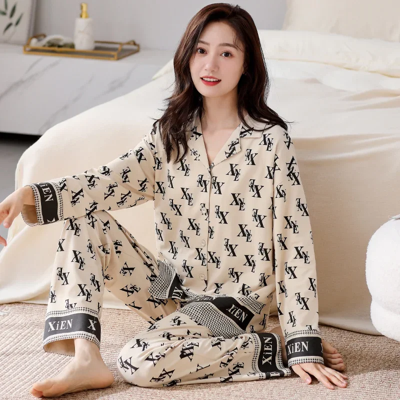 

2024 New Women's Spring and Autumn New Product Pajamas Casual Loose Print Polo Collar Cardigan Long Sleeve Home Set Pajama Set