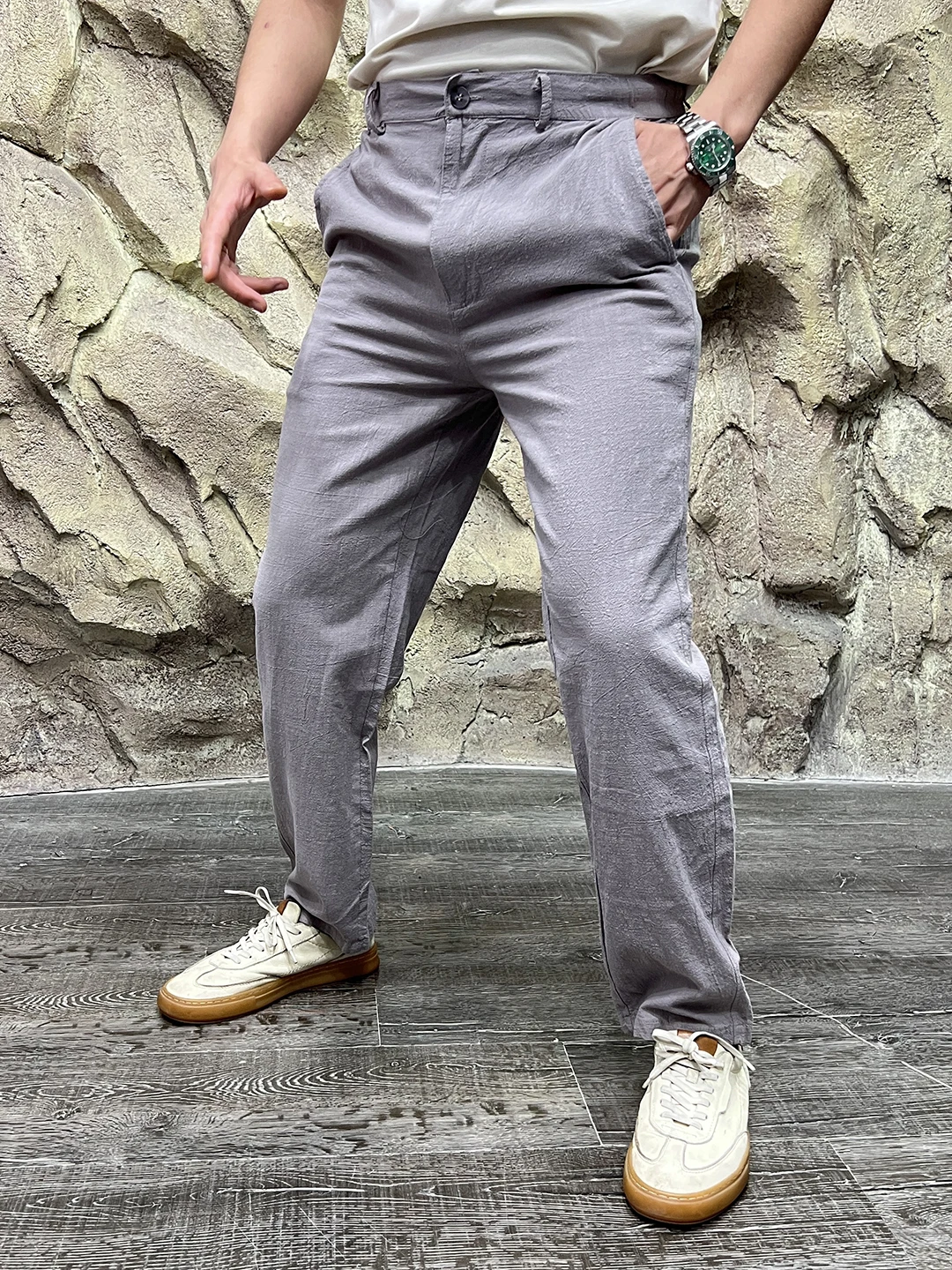 Men's Cotton Linen Blend Casual Pants Anti-Wrinkle Breathable Drapey Versatile Spring Summer Straight Leg Elastic Waist