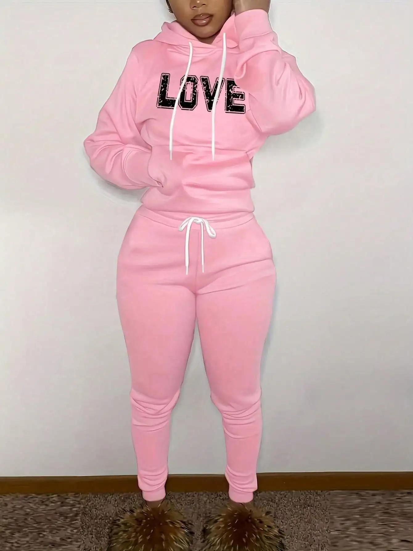 

Pink Letter Print Hoodie and Pants Two Piece Set for Women, Casual Autumn Winter Wear