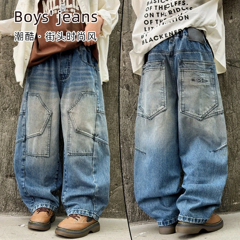 School Boys Autumn Casual Cargo Jeans With Pocket Loose Style Teenage Child Denim Pants High Fashion Kids Trousers 5-14 Y
