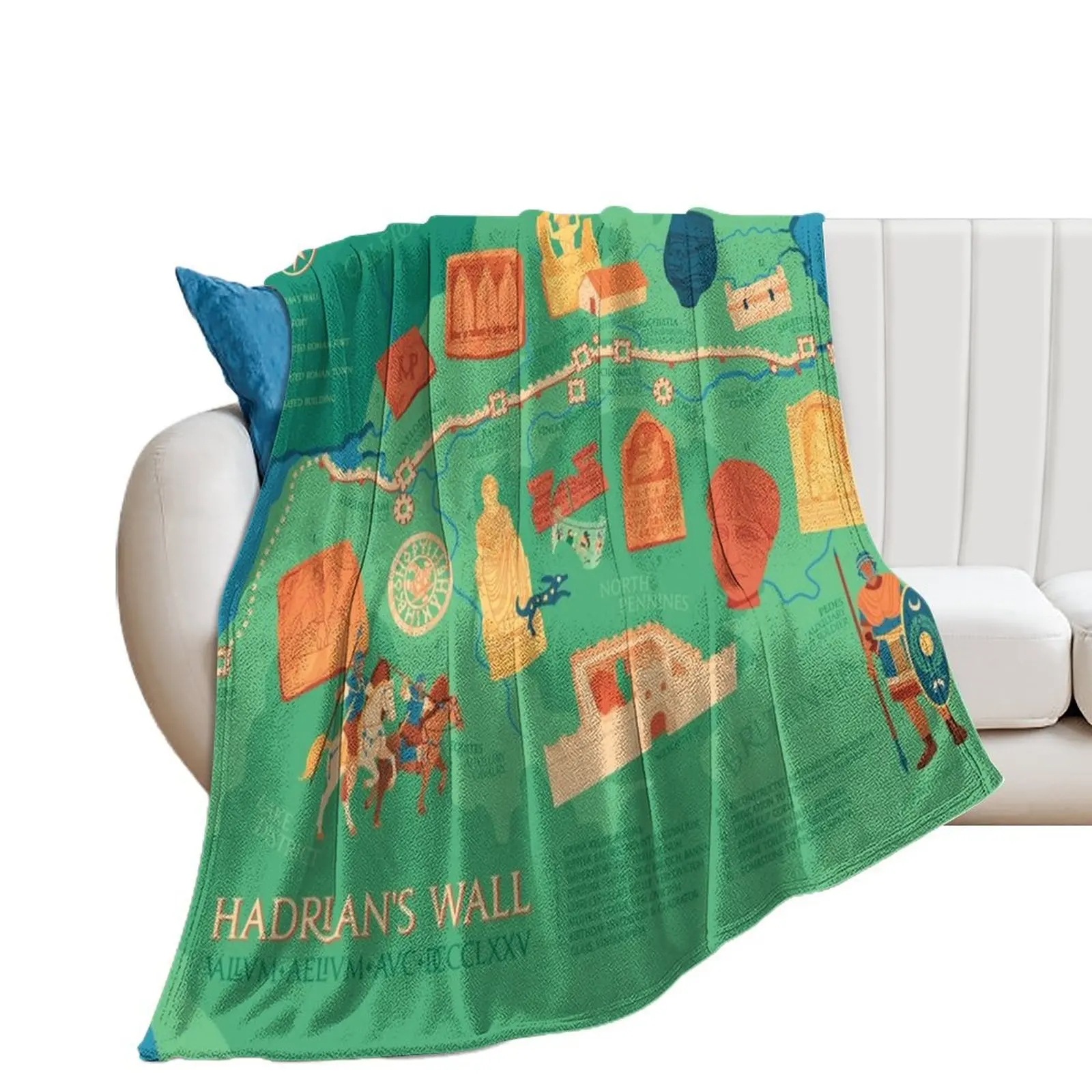 

Hadrians Wall Illustrated Map Throw Blanket Warm Bed linens Blankets