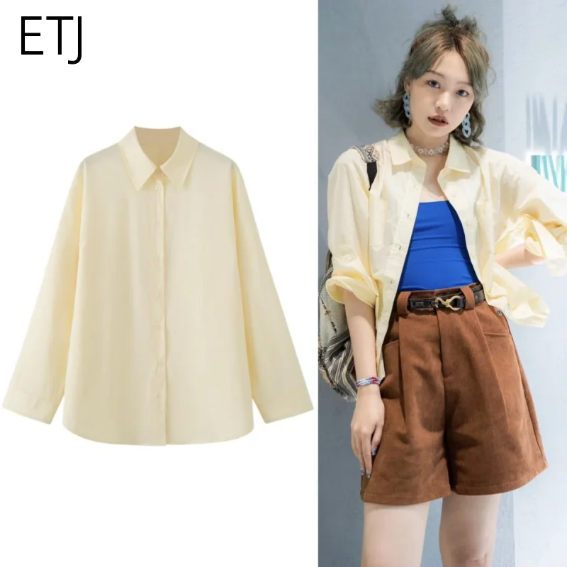 ETJ Damen Baumwoll-Popeline Oversize Langarm-Hemd 2026 Frühling Minimalistisch Locker Sitzende Lässige Büro-Mode Bluse