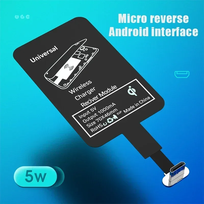 Receptor de Carregamento Sem Fio para Samsung, Huawei, Xiaomi, Micro USB Universal, Carregador Rápido Tipo C, Adaptador Qi, 5W