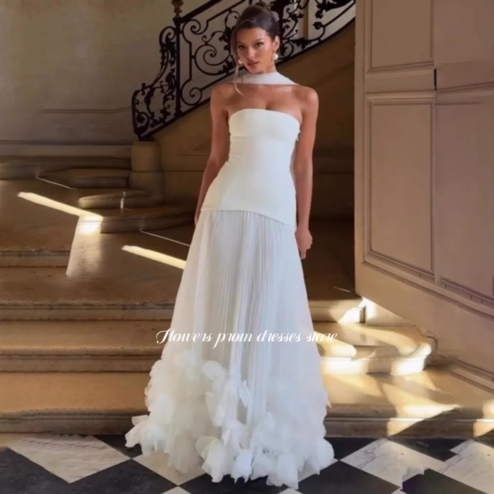 Flowers A Line Evening Dress with Pleats Ruffled Prom Dress with Scarf Elegant Party Dress for Princess Customized