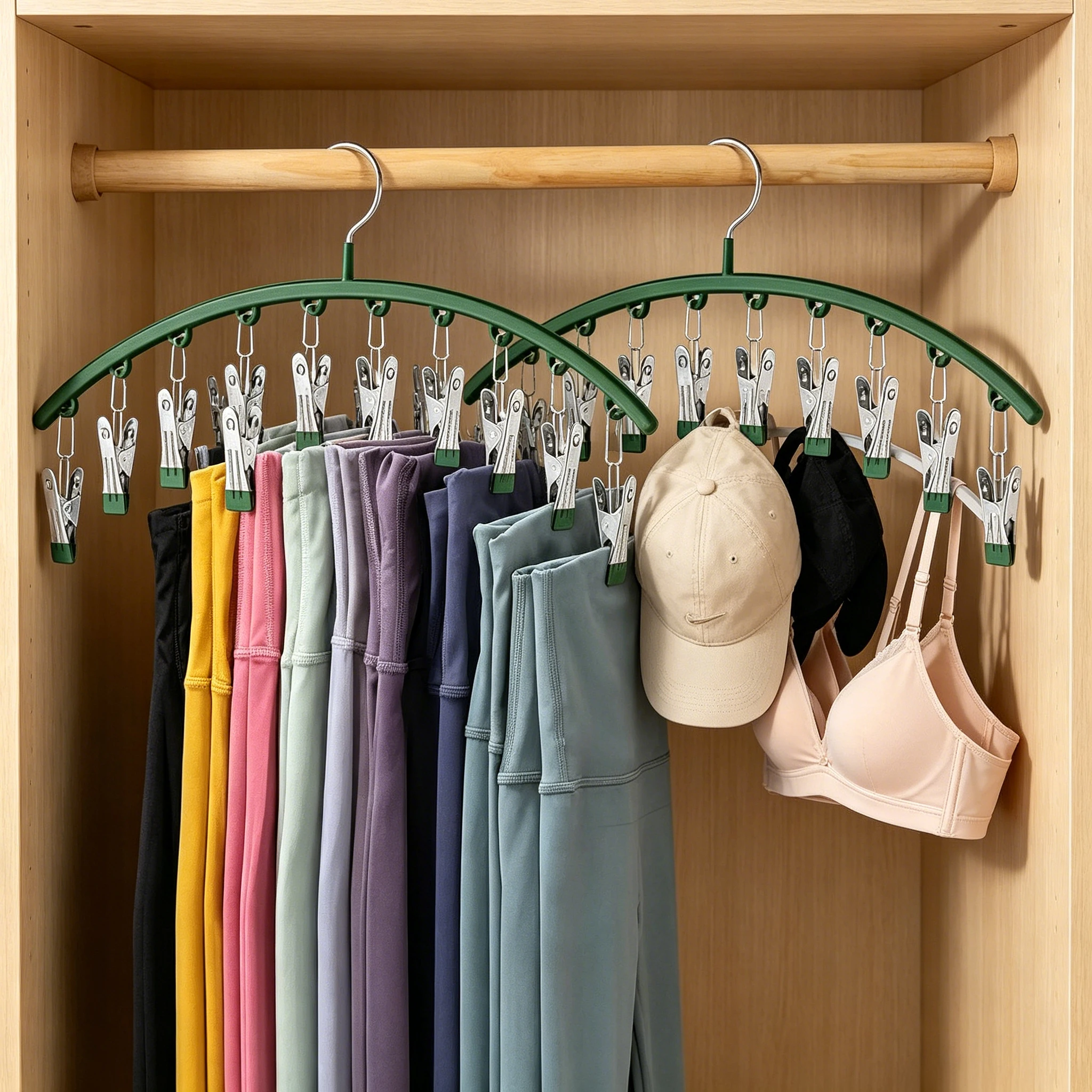 1PC Curved Multi Clip Pants Hanger, Metal Space Saving Yoga Leggings Hanger with 10 Clothespins, Closet Storage Organizer for Le