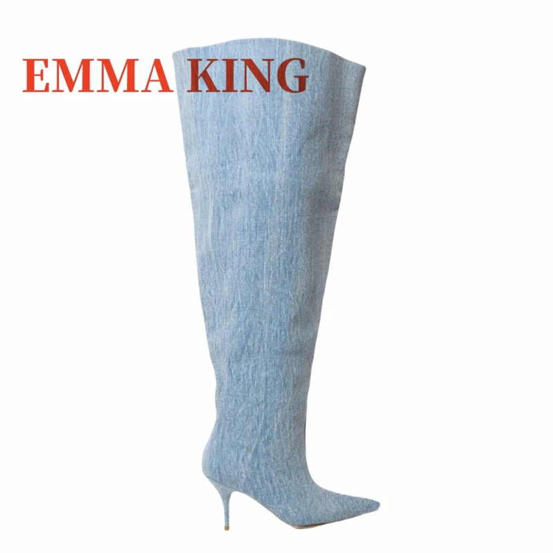 الدنيم الفخذ العليا خنجر الأحذية مثير أشار تو فوق الركبة الانزلاق على أحذية مثير النساء الخريف الشتاء فستان الحفلات الأحذية الأحذية