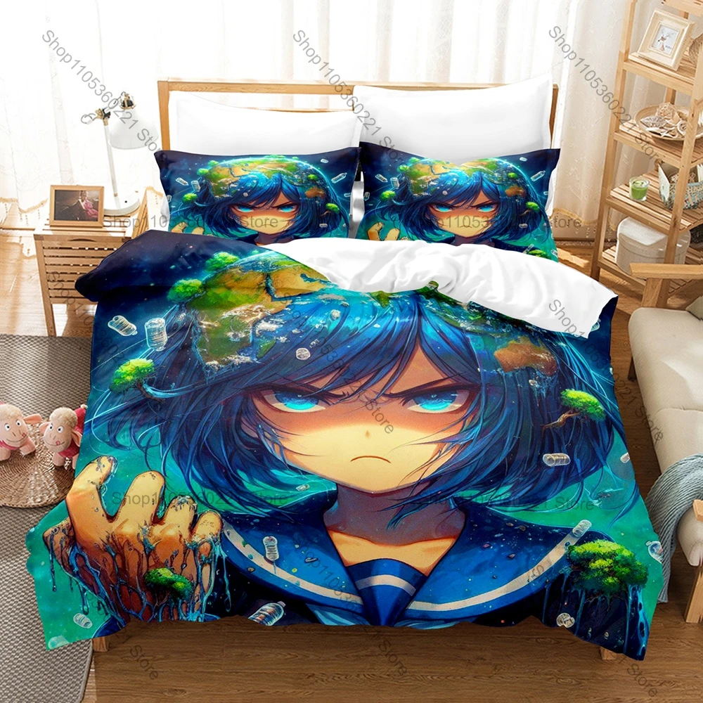 Cool Earth-Chan Kawaii Anthropomorphic Planet Girl Green Forest Ocean Cute Cartoon HD Print Bedding Set Duvet Cover + 2 Pillowca