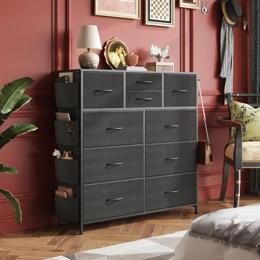 Stylish 10-Drawer Fabric Dresser for Bedroom - Sturdy Metal Frame with Side Pockets and Hooks