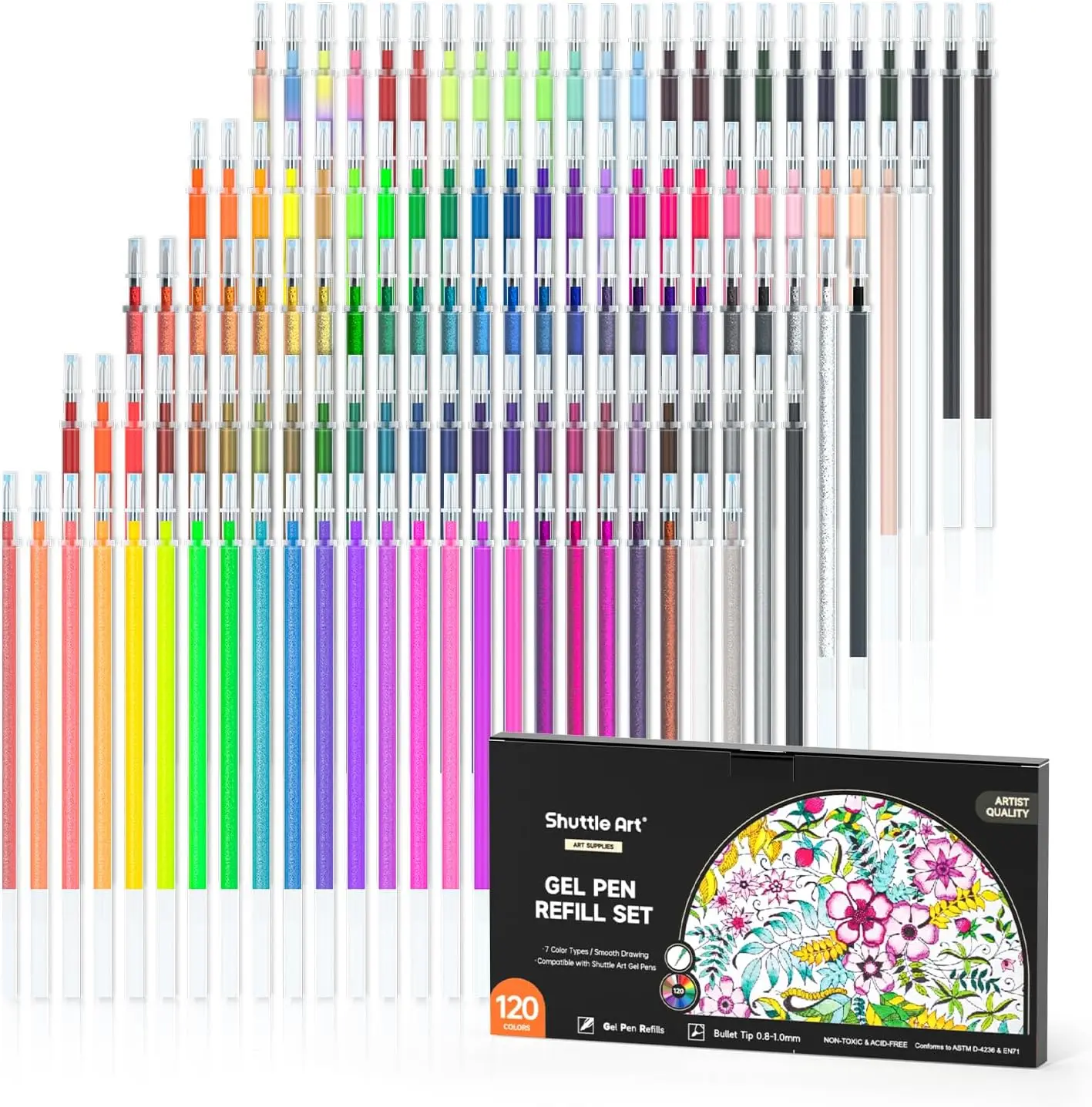 

120 Unique Gel Pen Refills, 7 Color Types for Coloring, Drawing & Crafts - Smooth Writing, Non-Toxic