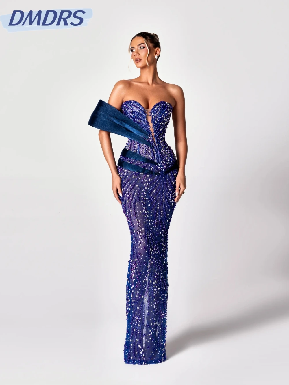 

Purple Luxury Pearls Floor-length Evening Dress Sparkling Crystal One Shoulder Wedding Party Gown Customized New Prom Dresses