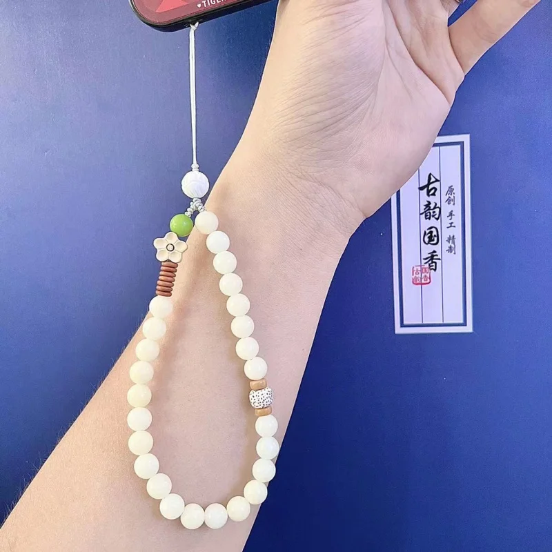 White Jade Bodhi Handmade Mobile Phone Charm Short Wrist Chinese Style Woven Anti-Separation Rope Mobile Phone Pendant Men And W