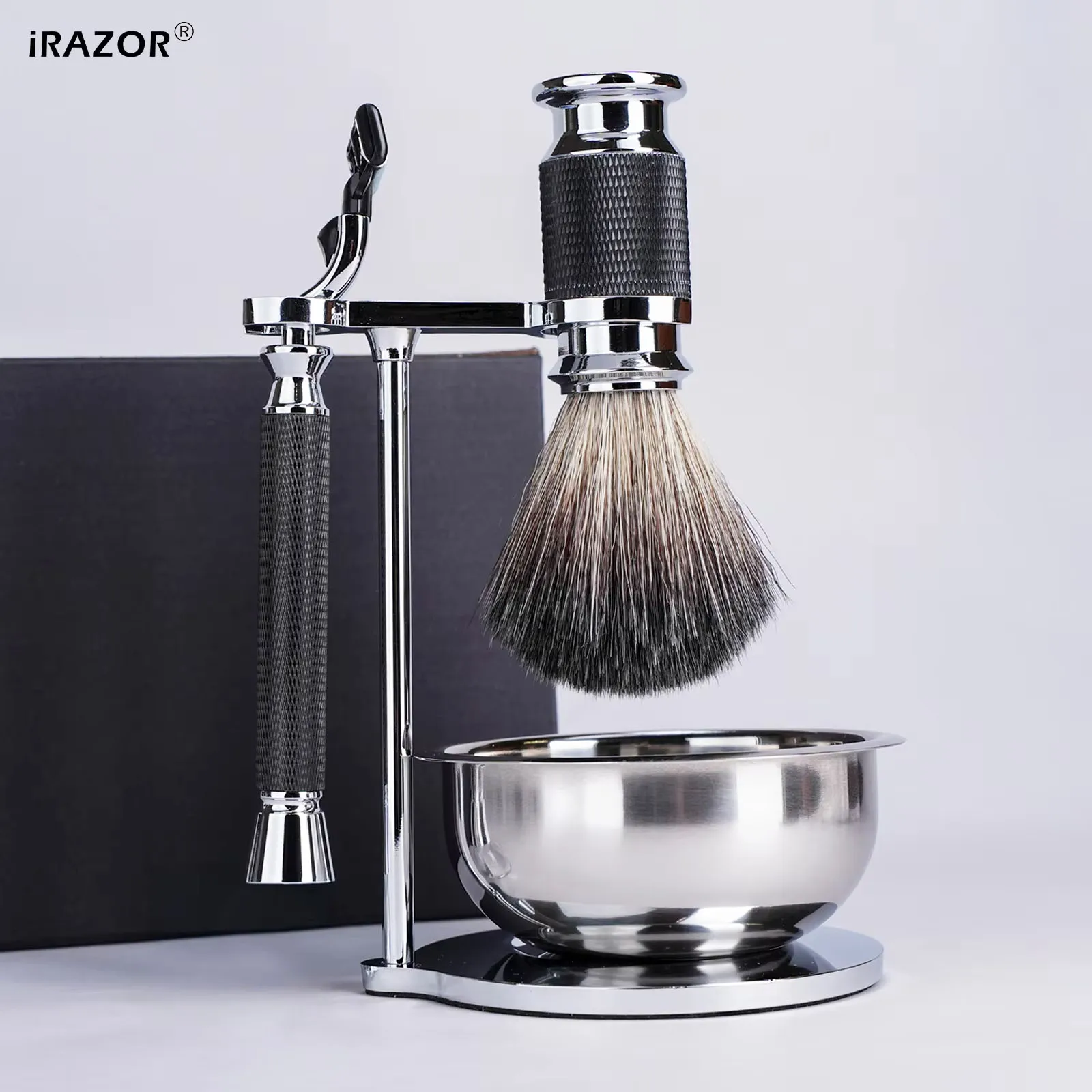 iRAZOR Men's Wet Shaving Kit 3-Blade Cartridge Razor Synthetic Hair Brush Shaving Bowl Stand Set Non-Shedding Grooming Gift
