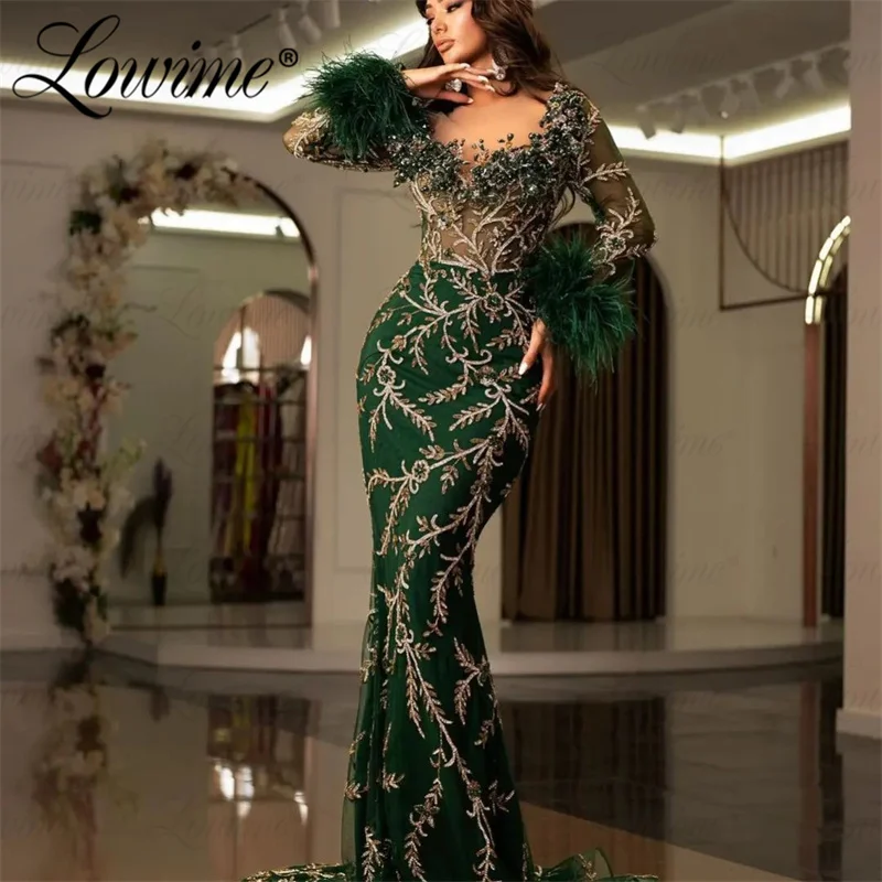 Green Feathers Long Sleeve Aso Ebi Crystals Mermaid Prom Dress Evening Beaded Party Second Reception Birthday Engagement Dresses