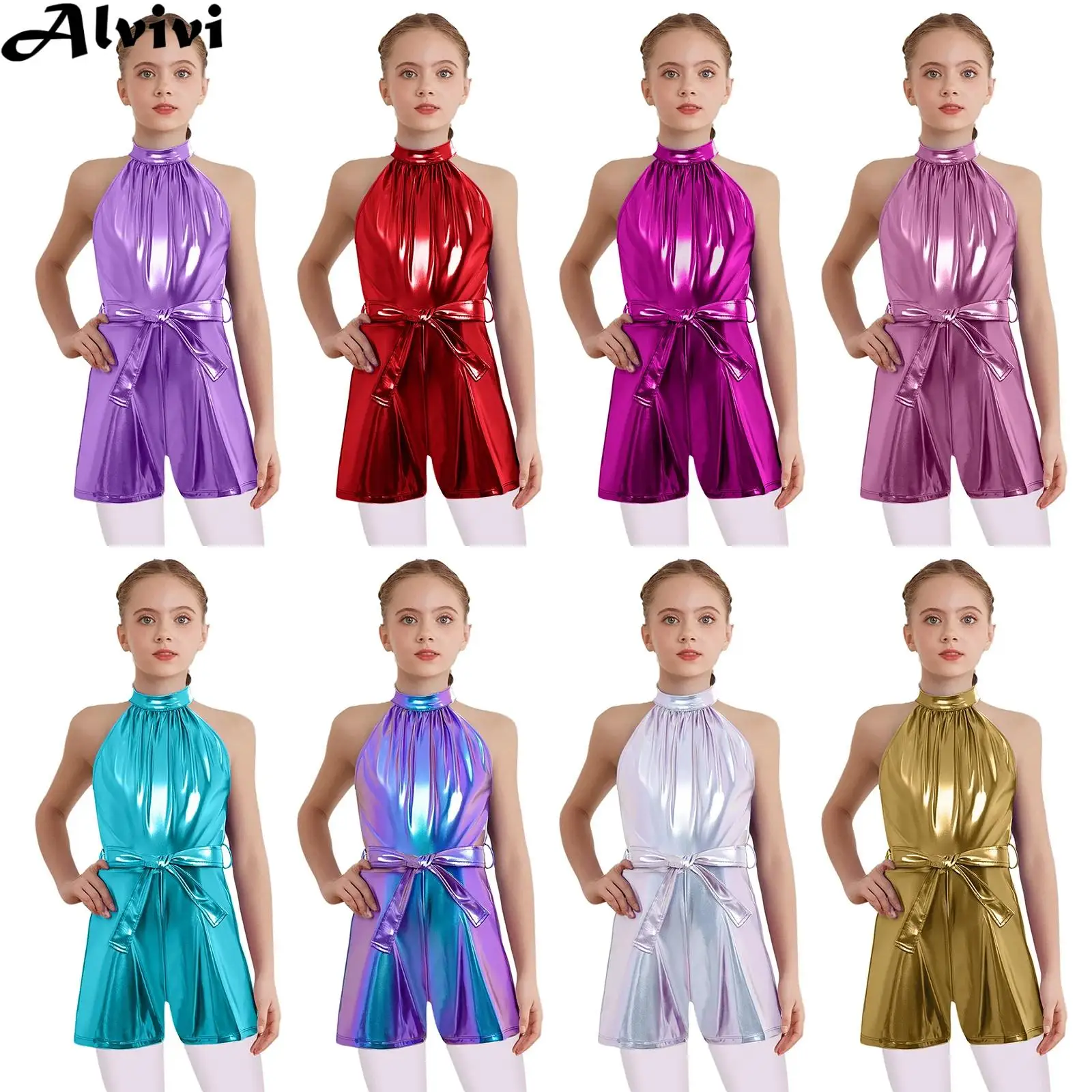 Children Girls Jazz Dance Performance Costume Sleeveless Metallic Shiny Zipper Bodysuit with Belt School Party Carnival Jumpsuit