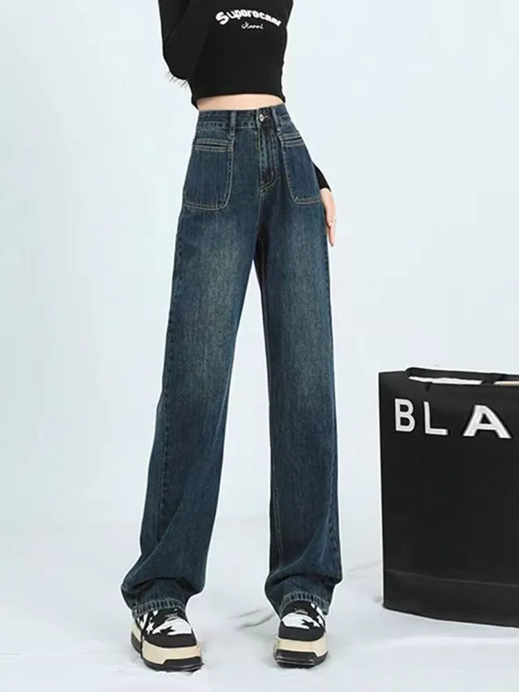

High Waist Loose Wide Leg Denim Jeans Women's Retro Straight Cut Floor Length Trousers Autumn Winter New Arrival Casual Style