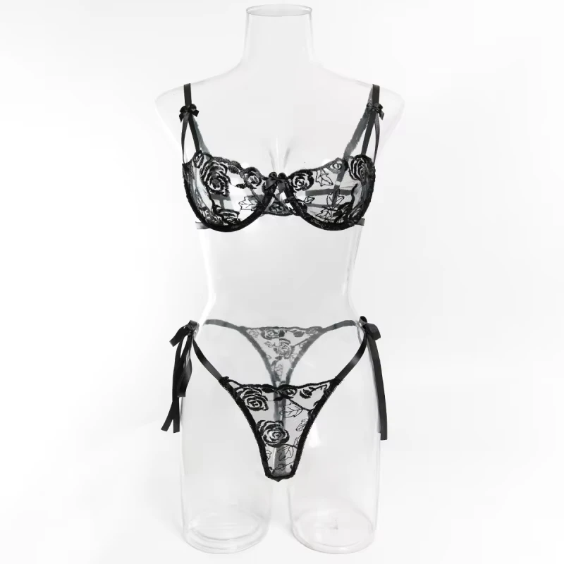 Romantic rose embroidery bikini, sexy strapless see-through mesh with underwire set