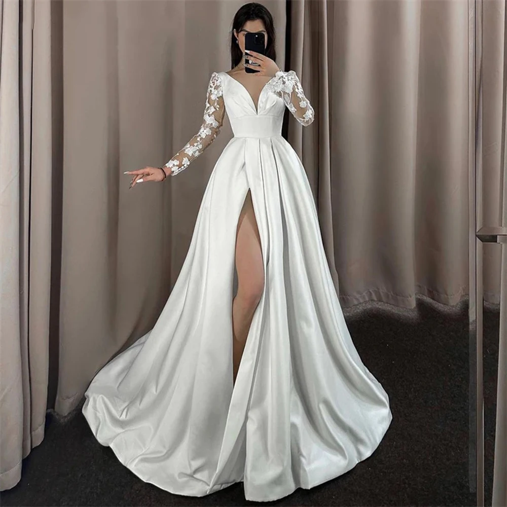 

CustomizedYipeish Sexy Deep V-neck Satin Evening Dresses Lace Appliques Front Split White Draped Long Floor Length Wedding Party